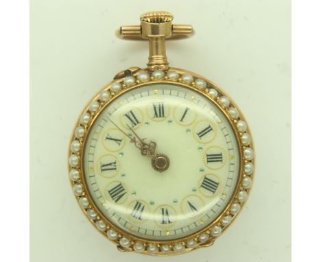 LE COULTRE: a French gold open face fob watch, the stone-set enamel dial having Roman chapters, the 25mm outer case set with 