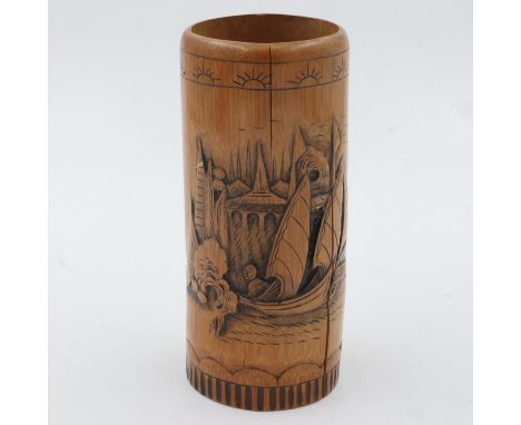 Carved Chinese bamboo brush pot, H: 23 cm, large split down side. UK P&amp;P Group 1 (£16+VAT for the first lot and £2+VAT fo