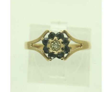 9ct gold diamond and sapphire set cluster ring, size K, 1.4g. UK P&amp;P Group 0 (£6+VAT for the first lot and £1+VAT for sub
