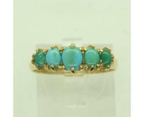 18ct gold five-stone ring set with graduating turquoise, dated 1916 to the shank, size P, 2.6g. P&amp;P Group 0 (£6+VAT for t