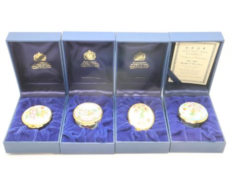 Four Halcyon Days enamel patch boxes, each with certificates. UK P&amp;P Group 1 (£16+VAT for the first lot and £2+VAT for su