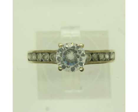 9ct white gold solitaire ring set with cubic zirconia and stone-set shoulders, size P/Q, 2.2g. UK P&amp;P Group 0 (£6+VAT for