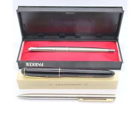 Boxed Parker fountain pen and a boxed Chatsworth gold nibbed pen. UK P&amp;P Group 1 (£16+VAT for the first lot and £2+VAT fo