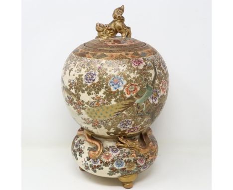Japanese Satsuma double gourd covered jar with Fo-dog finial and dragon relief decoration, small chip to rim of jar and cover