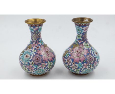 Pair of Chinese cloisonne bottle vases, each H: 18 cm, no chips or cracks. UK P&amp;P Group 2 (£20+VAT for the first lot and 