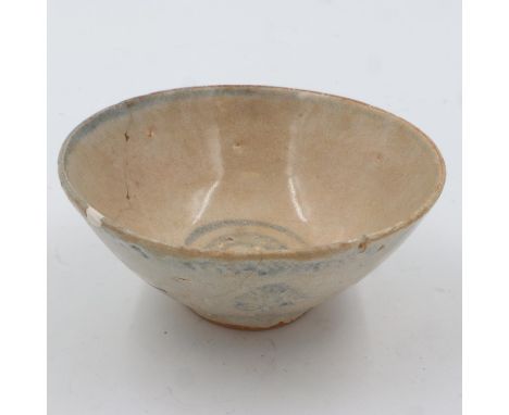 Early Ming dynasty glazed blue and white footed bowl, some cracks and repairs, D: 14 cm. UK P&amp;P Group 1 (£16+VAT for the 