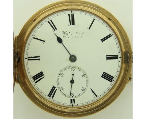 WALTER WEST, LIVERPOOL: an 18ct gold cased full hunter pocket watch, crown wind, having a circular enamelled dial and subsidi