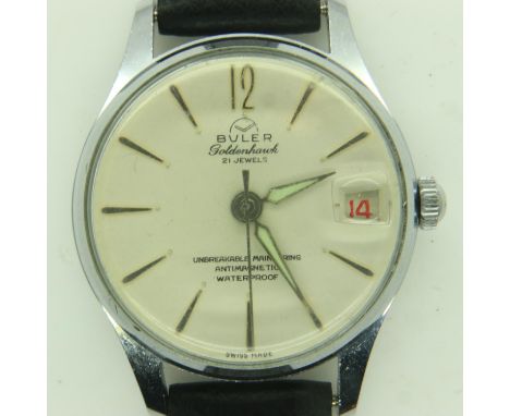 BULER: 21 jewel gents wristwatch, with date aperture, on black leather strap, working at lotting up. UK P&amp;P Group 1 (£16+