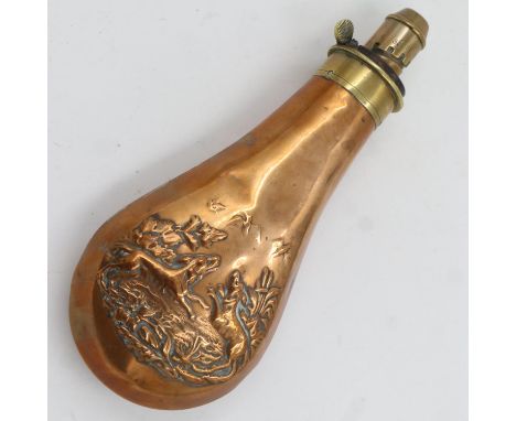 Brass relief decorated powder flask, L: 21 cm. UK P&amp;P Group 2 (£20+VAT for the first lot and £4+VAT for subsequent lots) 