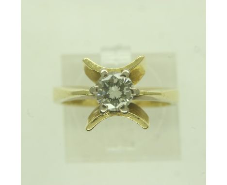 18ct gold solitaire diamond ring, unusual raised claw setting with the bright stone approximately 0.5cts, size L, 5.8g. P&amp