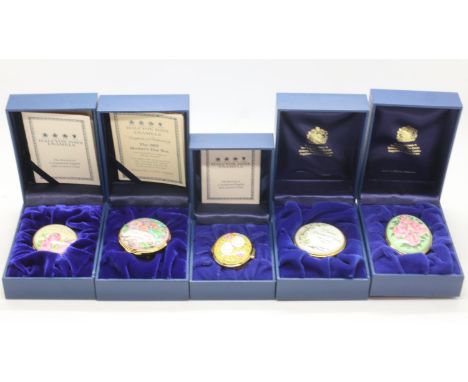 Five Halcyon Days enamel patch boxes, each with certificates. UK P&amp;P Group 1 (£16+VAT for the first lot and £2+VAT for su