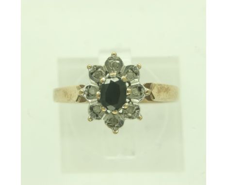 9ct gold sapphire and diamond set cluster ring, size L/M, 1.6g. UK P&amp;P Group 0 (£6+VAT for the first lot and £1+VAT for s