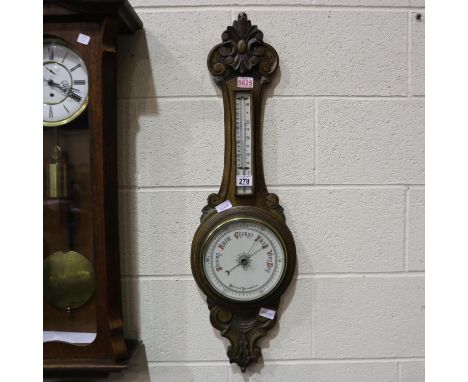 Oak framed aneroid barometer thermometer, H: 100 cm. Not available for in-house P&amp;P 