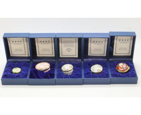 Five Halcyon Days enamel patch boxes, each with certificates. UK P&amp;P Group 1 (£16+VAT for the first lot and £2+VAT for su