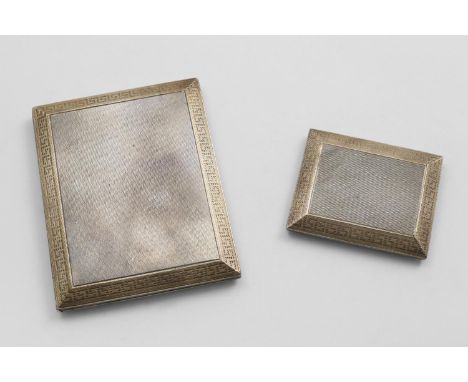 A GEORGE V ENGINE-TURNED CIGARETTE CASE with applied gold borders and matching vesta case, both with "slide" opening, by Aspr
