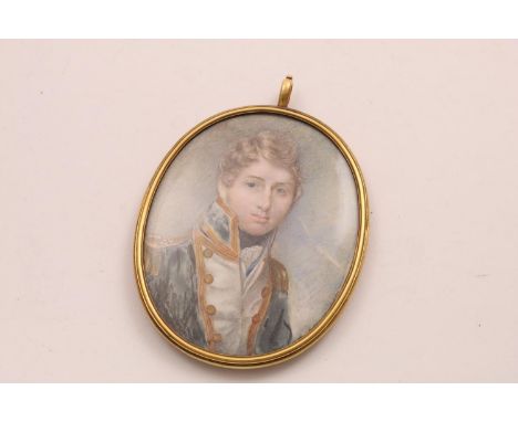 CIRCLE OF MRS ANNE MEE Miniature portrait of a young naval officer wearing uniform, half length, oval, on ivory; 7.5 x 6 cms 