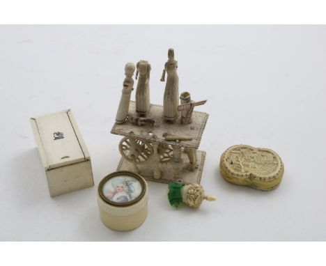 NAPOLEONIC PRISONER OF WAR WORK A carved bone loom with three figures (incomplete) and four various ivory items