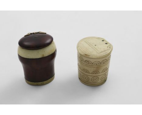 A LATE 18TH CENTURY SCOTTISH BRASS-MOUNTED COQUILLA NUT AND IVORY SNUFF MULL  and an early 19th century bone, pail-shaped box