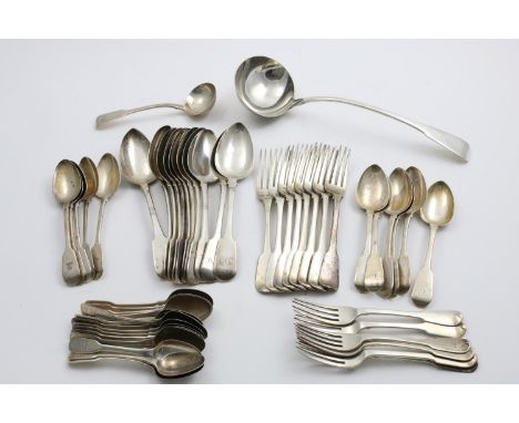 ASSORTED FIDDLE PATTERN TO INCLUDE:- A set of six George III dessert forks, six dessert spoons, two table forks, &amp; a sauc