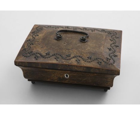 AN EARLY 19TH CENTURY FRENCH NECESSAIRE A COUTURE  in a mulberry wood box with cut steel handle and decoration, the fitted, l