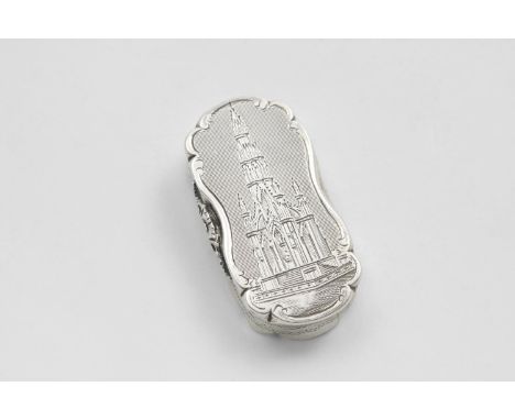 A VICTORIAN ENGRAVED "CASTLETOP" VINAIGRETTE  Rectangular with rounded ends and a serpentine outline with a view of the Scott