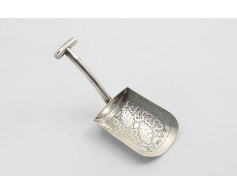 A GEORGE III CADDY SPOON in the form of a shovel with an engraved bowl and a hollow T-shaped handle, by Cocks &amp; Bettridge