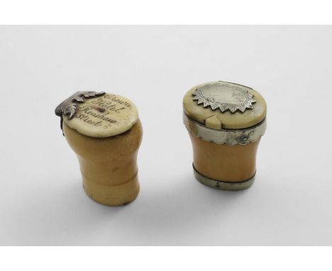 A SMALL EARLY 18TH CENTURY SCOTTISH MOUNTED IVLRY SNUFF MULL with butterfly hinge and a bone cover, inscribed "CROWN HOTEL, R