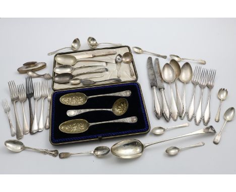 A MIXED LOT:- A George II sauce ladle and two table spoons with later decoration and gilt bowls (for fruit serving), containe