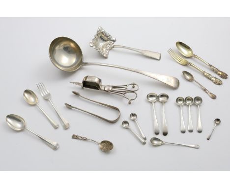 A MIXED LOT:- An Old English pattern soup ladle with an engraved coat of arms, by A &amp; F. Parsons (Tessiers Ltd.), London 