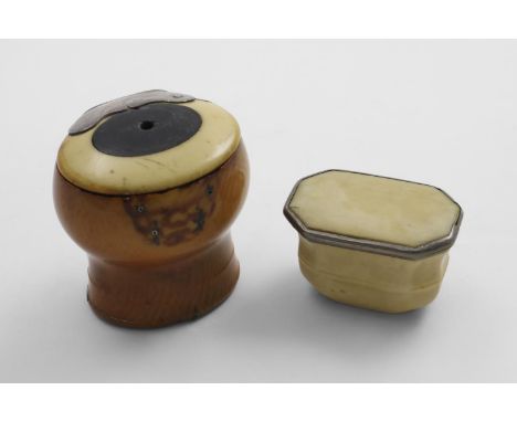 A MID 18TH CENTURY SCOTTISH MOUNTED IVORY SNUFF MULL with an inset ebony panel in the cover (lacking some mounts), a late 18t