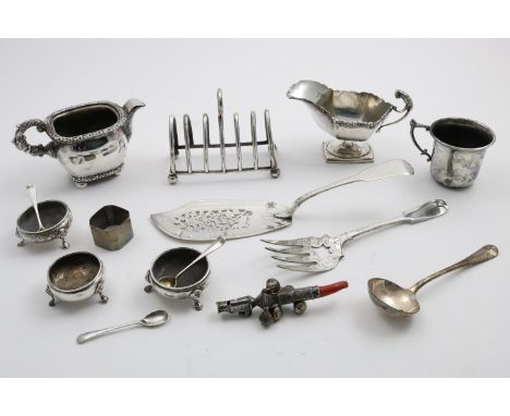 A MIXED LOT:- A George III child's rattle with a coral teether, initialled and lacking two bells, maker's mark only, a decora