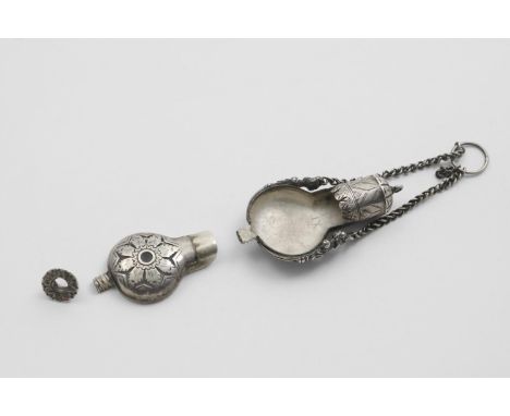 A LATE 17TH CENTURY ENGRAVED POMMANDER OR VINAIGRETTE in the form of a pilgrim flask with a suspensory chain linked to the bo