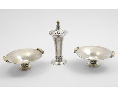 AN ART DECO HANDMADE SUGAR CASTER with a mounted ivory finial and a pair of bonbon dishes to match with mounted ivory handles