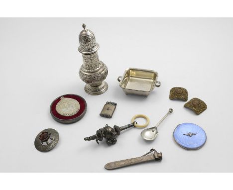 A MIXED LOT:- An Edwardian embossed sugar caster with a domed cover &amp; wrythen finial, by G. Nathan &amp; R. Hayes, Cheste
