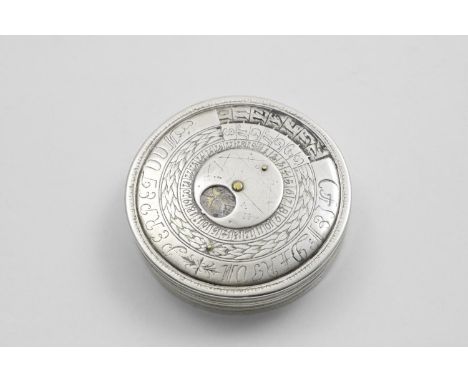 A MID 18TH CENTURY GERMAN CIRCULAR "CALENDAR" SNUFF BOX with a pull-off cover and gilt interior, engraved and inscribed with 