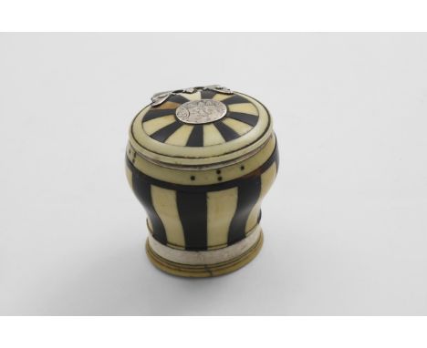 A MID 18TH CENTURY SCOTTISH MOUNTED EBONY AND IVORY SNUFF MULL with alternating vertical staves and a band of tortoiseshell i