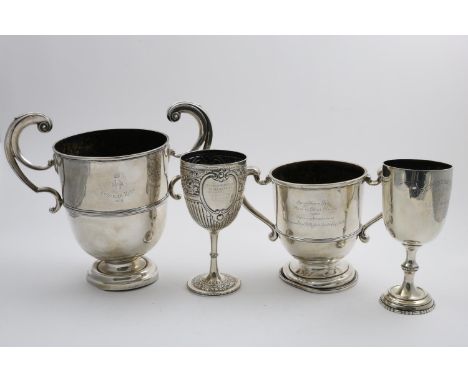 POINT-TO-POINT TROPHY CUPS:- A large Edwardian example with harp-shaped handles, inscribed "Farmers Race 1906" below a royal 