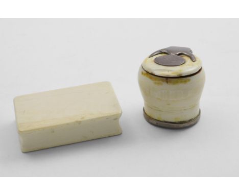 A MID 18TH CENTURY SCOTTISH MOUNTED IVORY SNUFF MULL with a "horned" hinge and oval cartouche with traces of engraving, unmar