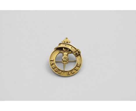 AN EDWARDIAN GOLD SCOTTISH PROVINCIAL CLAN BROOCH (MACKAY) in the form of the crest within a strap and buckle and the motto "