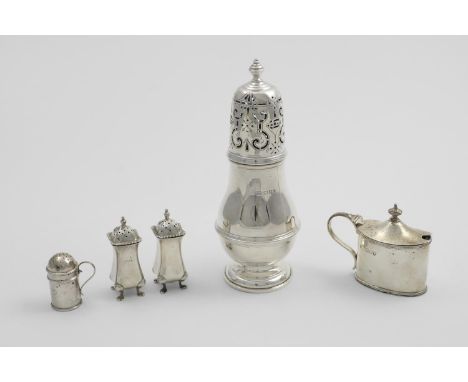 A GEORGE VI BALUSTER SUGAR CASTER  with a pierced, high-domed cover and a knop finial by Mappin &amp; Webb, London 1938, toge