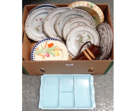 BOX OF CHINA INC POOLE ORDERVE DISH & QTY OF WEDGWOOD OLD CHELSEA PLATES 