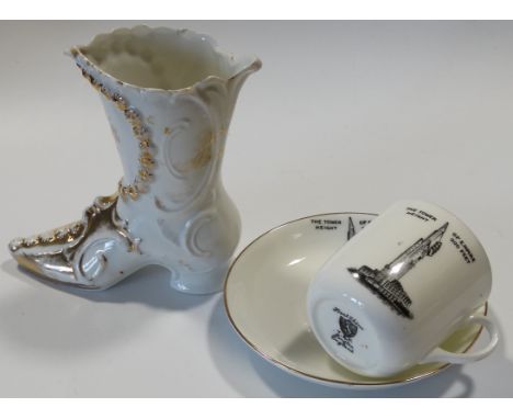 PRESENT FROM MARHAMCHURCH CERAMIC BOOT + KENT CHINA SOUVENIR CUP & SAUCER EMPIRE EXHIBITION 1938 