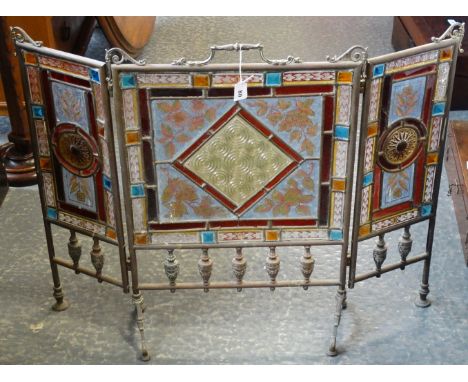 STAINED GLASS BRASS 3 FOLD FIRESCREEN 