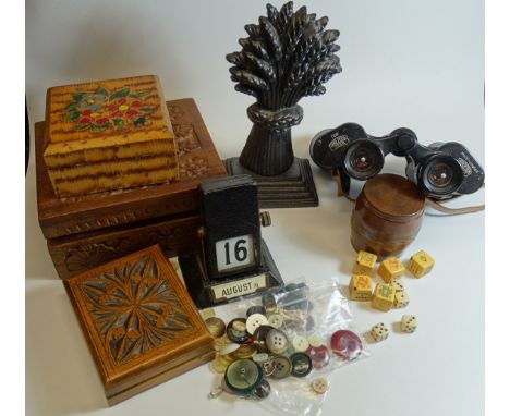 BOX OF TREEN BOXES, DESK CALENDAR, DOOR STOP, ZEISS BINOCULARS ETC 