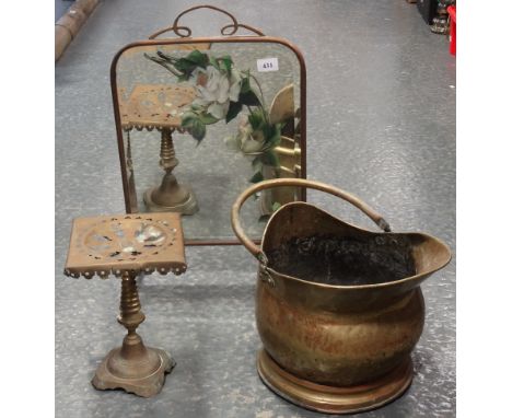 BRASS PAINTED MIRRORED FIRESCREEN, BRASS COAL HELMET & TRIVET 