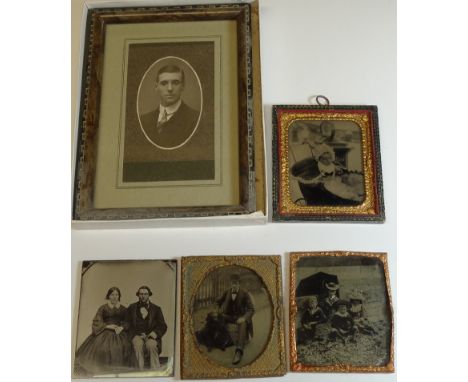 FRAMED PORTRAIT , PHOTOGRAPHIC PLATE + 3 VICT DAGUERREOTYPES 