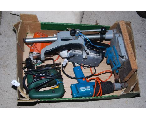 A 'Bosch' Jigsaw, a 'Black & Decker' Hot-air Gun, a Pillar Drill Stand, and a Sander.
