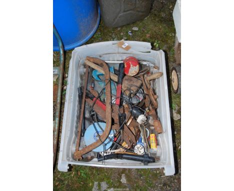 A plastic tray of Tools, Tape-measures and Axe head, etc.,