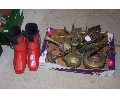 A box of Miscellaneous including brass, a kettle, lamp, and Jug; Plus a pair of Red Ski-Boots, Size: 7-8.