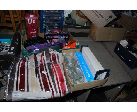 A quantity of miscellaneous including curtains, helmets, and a ''Kenwood' Sodastream, etc.